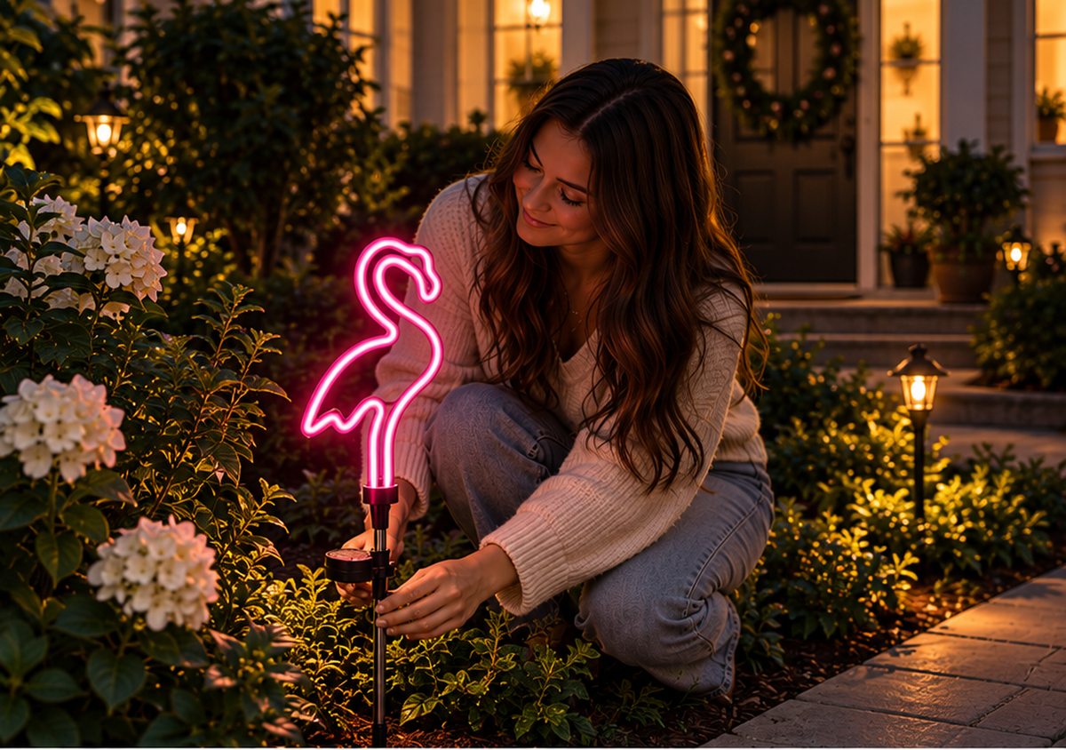 Woman installing the Decasa neon flamingo solar garden light