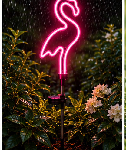 Decasa neon flamingo solar garden light glowing in rain