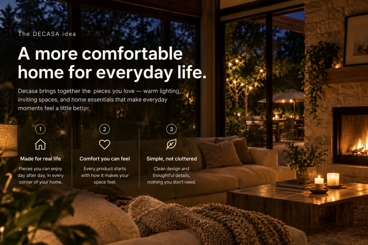 Warm cozy Decasa home interior with brand message and three home-comfort principles